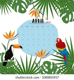 April 2018 calendar with tropical background vector illustration. Week starts on Sunday