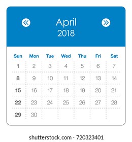 April 2018 calendar vector illustration, simple and clean design.