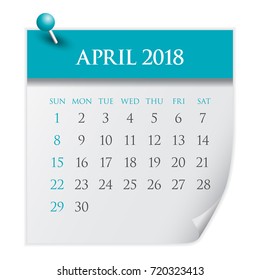 April 2018 calendar vector illustration, simple and clean design.
