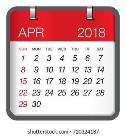 April 2018 calendar vector illustration, simple and clean design.