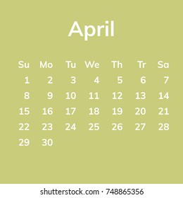 April 2018 calendar, week starts on Sunday. Flat vector illustration