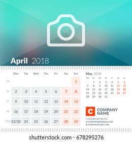 April 2018. Calendar for 2018 Year. Week Starts on Monday. 2 Months on Page. Vector Design Print Template with Place for Photo and Company Information