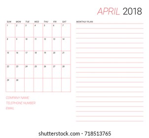 April 2018 desk calendar vector illustration, simple and clean design.