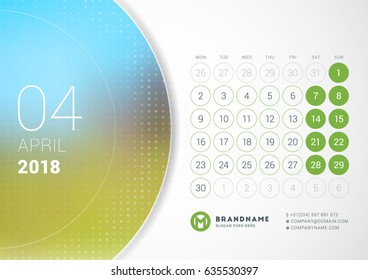 April 2018. Desk Calendar for 2018 Year. Vector Design Print Template with Place for Photo. Week Starts on Monday