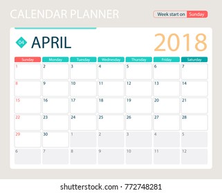 APRIL 2018, illustration vector calendar or desk planner, weeks start on Sunday, size of paper for printing A4.