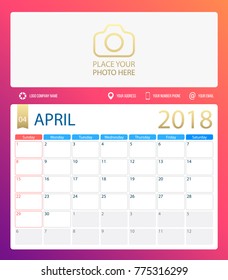 APRIL 2018, illustration vector calendar or desk planner, weeks start on Sunday, size of paper for printing A4. Purple pink color.