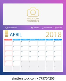 APRIL 2018, illustration vector calendar or desk planner, weeks start on Sunday, size of paper for printing A4. Dark blue Violet color.