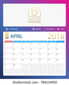 APRIL 2018, illustration vector calendar or desk planner, weeks start on Sunday, size of paper for printing A4. Blue is purple color.