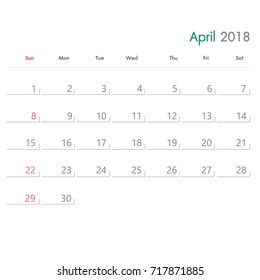april 2018 simple calendar template with white background.