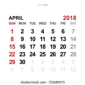 April 2018. Vector monthly calendar template 2018 year in simple style for template design. Week starts from Sunday.