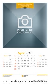 April 2018. Wall Calendar for 2018 Year. Vector Design Print Template with Place for Photo. Week Starts on Sunday
