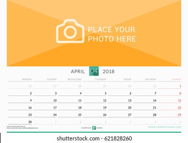 April 2018. Wall Monthly Calendar for 2018 Year. Vector Design Print Template with Place for Photo. Week Starts on Monday. Landscape Orientation