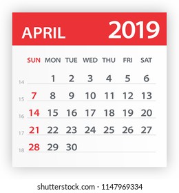 April 2019 Calendar Leaf - Illustration. Vector graphic page