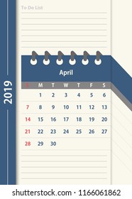 April 2019 calendar. Monthly calendar design template in vintage color and to do list planner. Week starts on Sunday. Business vector illustration.