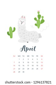 April 2019 calendar page. Cute lama. Alpaca animal lying on the ground. Vector illustration, isolated on white background.