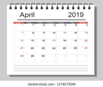 April 2019 Calendar Planner Design. Monthly scheduler. Week starts on Sunday. Vector illustrator.