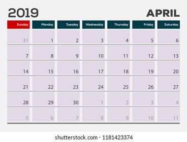 April 2019. Calendar planner design template. Week starts on Sunday. 