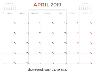 April 2019. Calendar planner stationery design template. Vector illustration