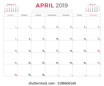 April 2019. Calendar planner stationery design template. Vector illustration. Week starts on Sunday