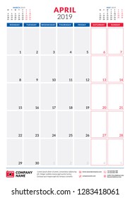 April 2019. Calendar planner stationery design template. Portrait orientation. Week starts on Monday