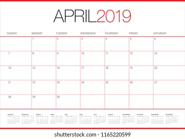 April 2019 desk calendar vector illustration, simple and clean design.