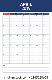 April 2019 desk calendar vector illustration, simple and clean design.