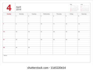 April 2019 desk calendar vector illustration, simple and clean design.