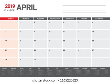 April 2019 desk calendar vector illustration, simple and clean design.