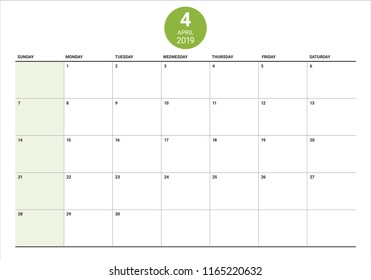 April 2019 desk calendar vector illustration, simple and clean design.