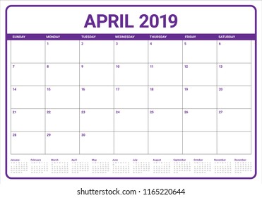 April 2019 desk calendar vector illustration, simple and clean design.