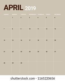 April 2019 desk calendar vector illustration, simple and clean design.