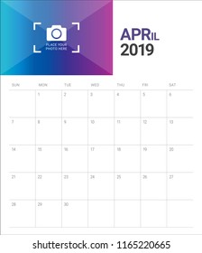 April 2019 desk calendar vector illustration, simple and clean design.