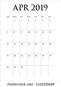 April 2019 desk calendar vector illustration, simple and clean design.