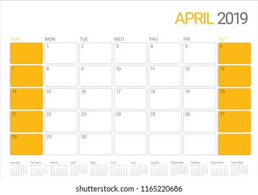 April 2019 desk calendar vector illustration, simple and clean design.