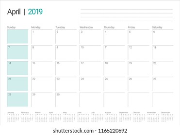 April 2019 desk calendar vector illustration, simple and clean design.