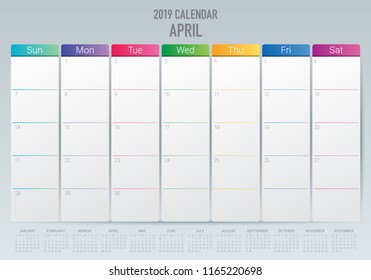 April 2019 desk calendar vector illustration, simple and clean design.