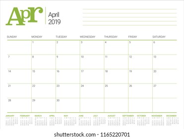 April 2019 desk calendar vector illustration, simple and clean design.
