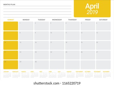 April 2019 desk calendar vector illustration, simple and clean design.