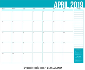 April 2019 desk calendar vector illustration, simple and clean design.