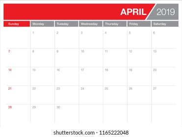 April 2019 desk calendar vector illustration, simple and clean design.