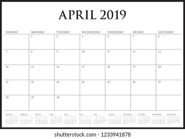 April 2019 desk calendar vector illustration, simple and clean design.