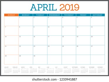 April 2019 desk calendar vector illustration, simple and clean design.