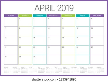 April 2019 desk calendar vector illustration, simple and clean design.