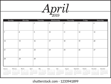 April 2019 desk calendar vector illustration, simple and clean design.