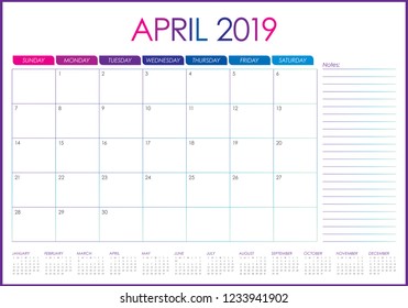 April 2019 desk calendar vector illustration, simple and clean design.