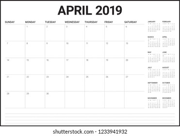 April 2019 desk calendar vector illustration, simple and clean design.
