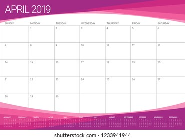 April 2019 desk calendar vector illustration, simple and clean design.