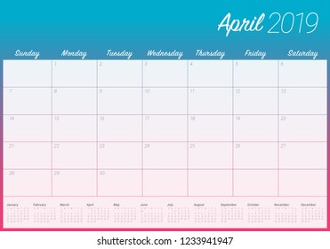 April 2019 desk calendar vector illustration, simple and clean design.