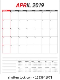April 2019 desk calendar vector illustration, simple and clean design.