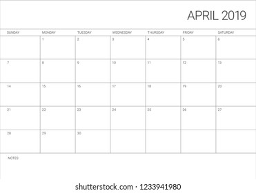 April 2019 desk calendar vector illustration, simple and clean design.
